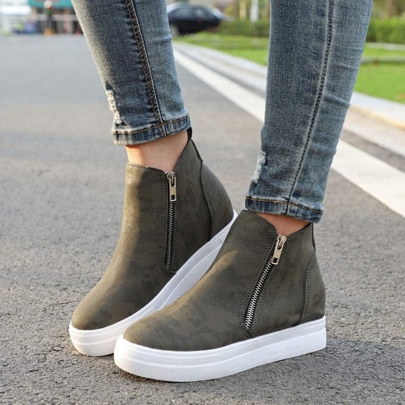 Shoes - Olive green side zip wedge platform sneakers